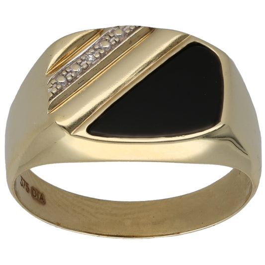 9ct gold signet ring with black onyx face and diamond-patterned band, size S