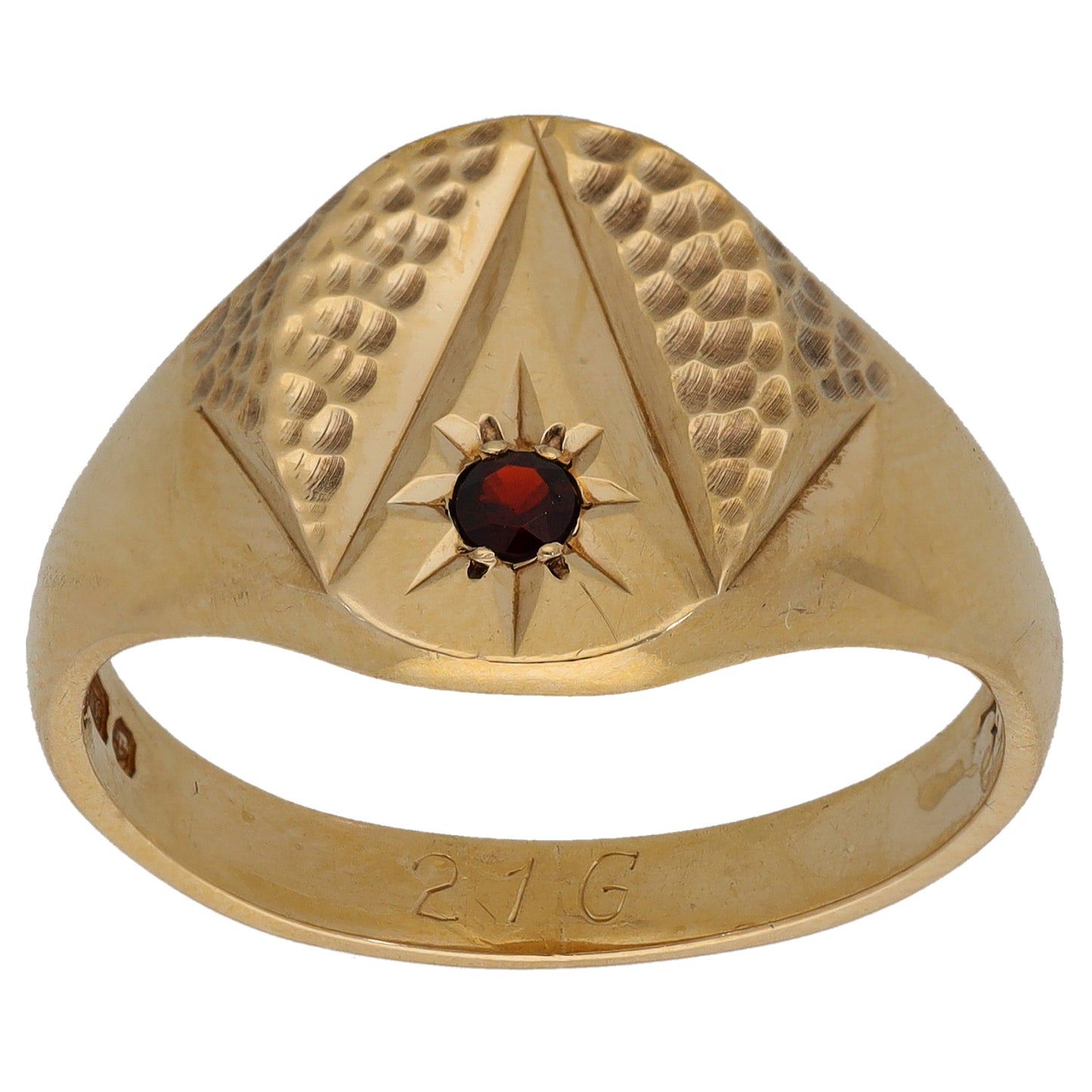 9ct Gold Garnet Patterned Single Stone Signet Ring Size W