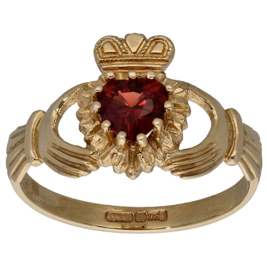 9ct Gold Garnet Claddagh Ring Size M