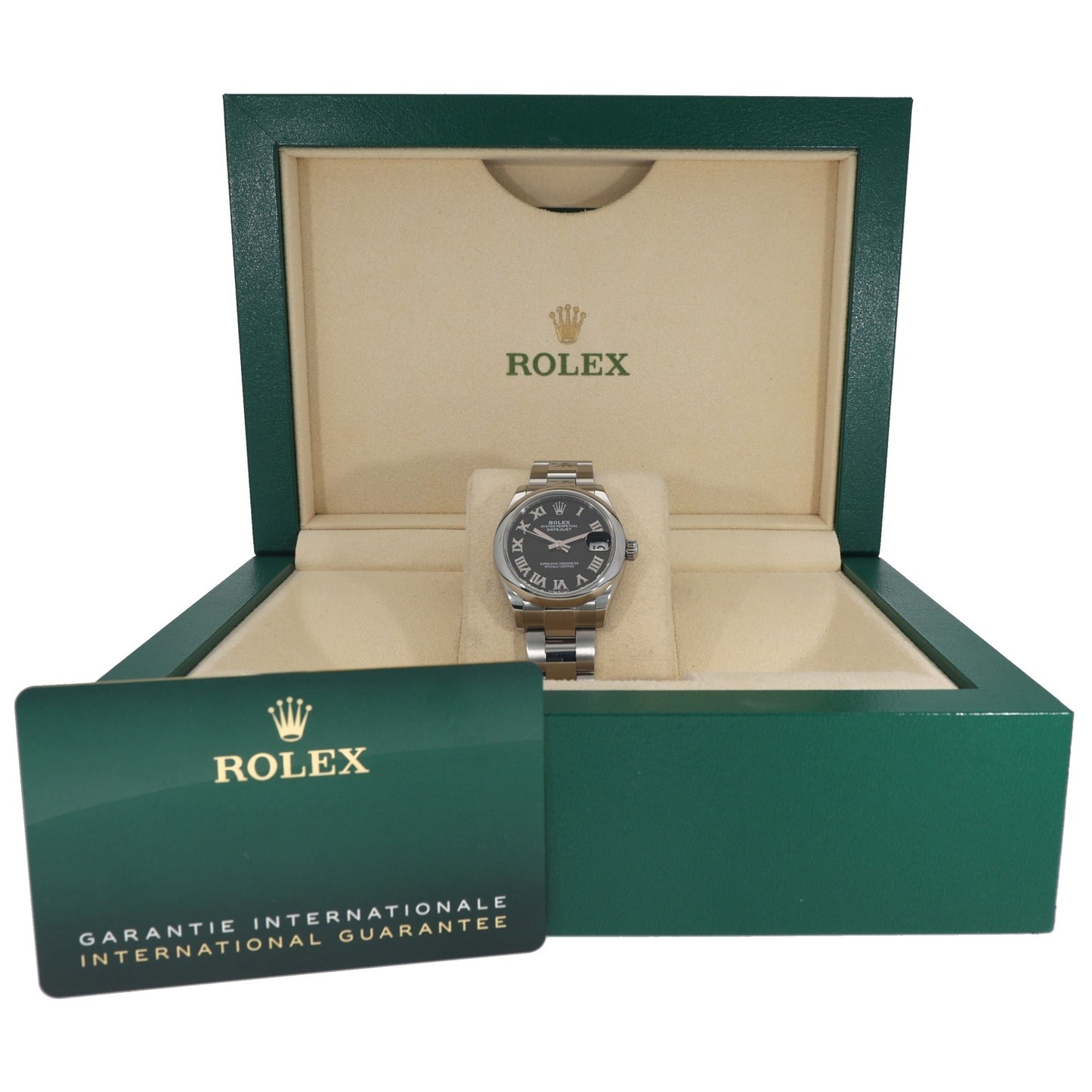 Stainless steel wristwatch in open green Rolex Datejust 278240 gift box with warranty card