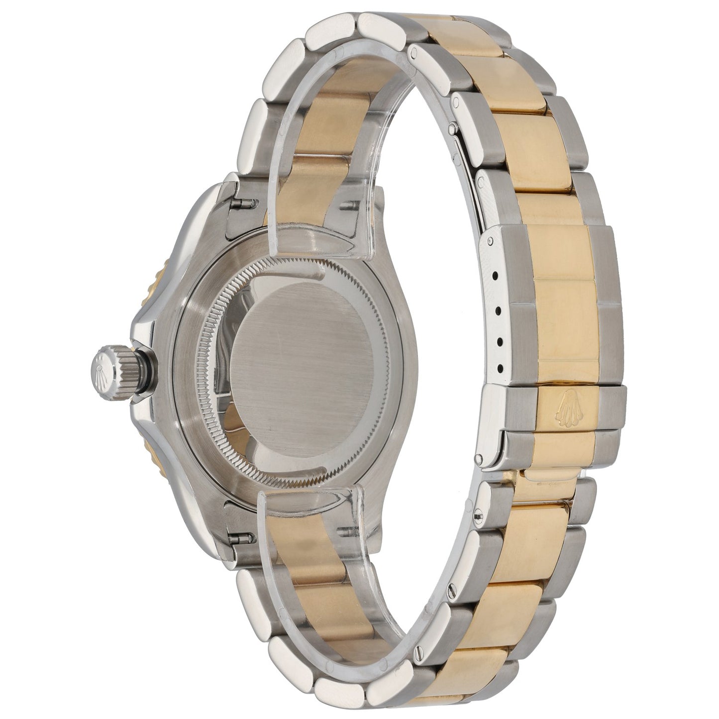 Bi-color Rolex Yacht Master 16623 watch case back view with stainless and gold-tone bracelet links