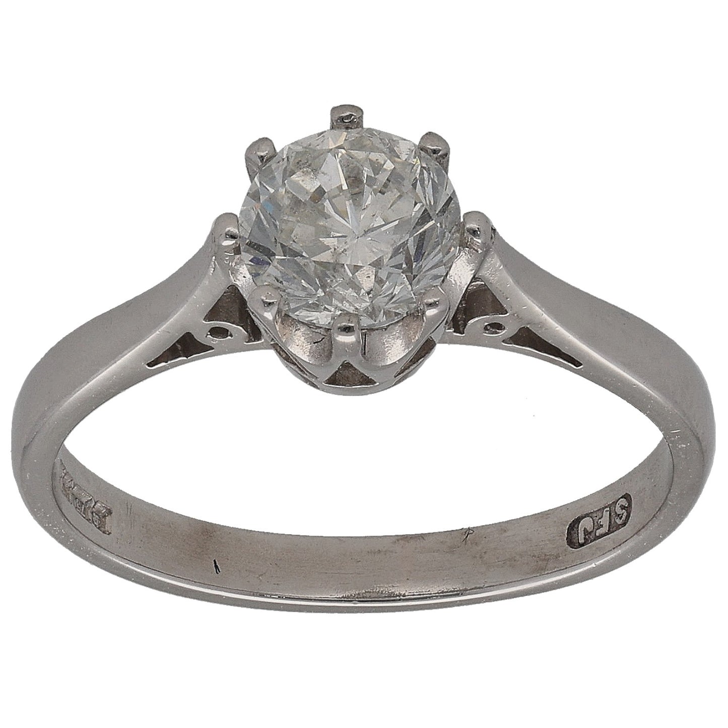 Round diamond solitaire ring in white gold with four-prong setting, front view