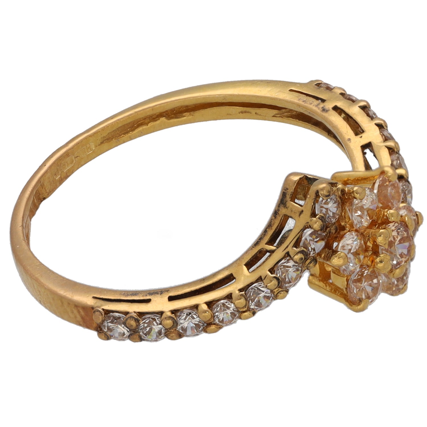 Gold-tone CZ ring, oval top cluster with round stones and small side accents
