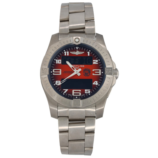 Breitling Aerospace EB7010 Titanium wristwatch with black dial, red accents, and metal link bracelet