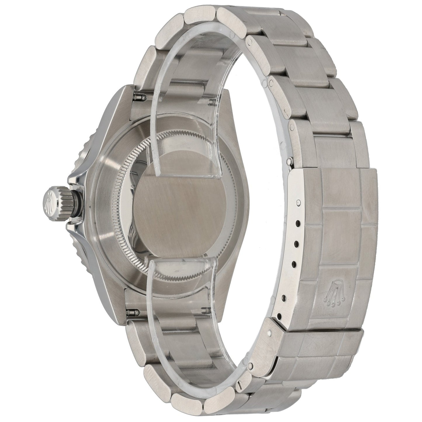 Stainless steel Rolex Submariner watch case and bracelet, rear view with crown