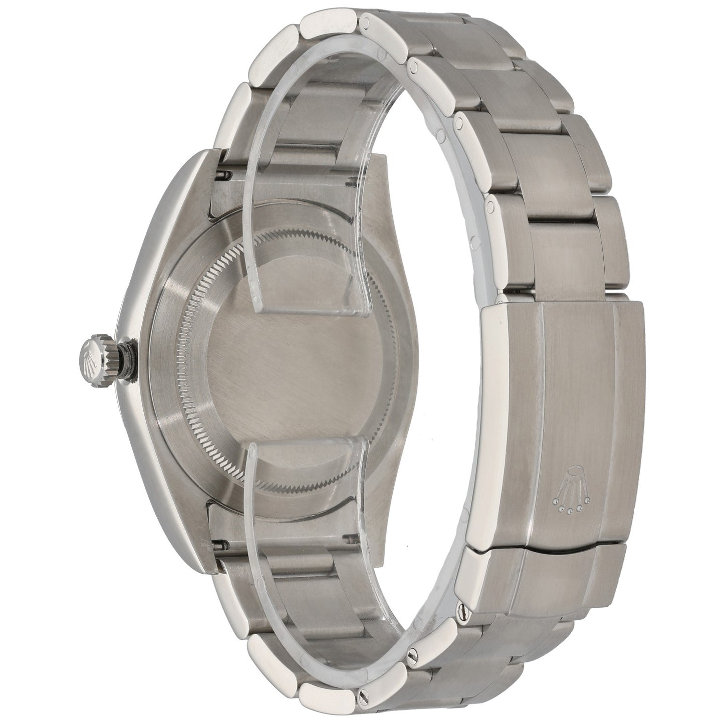 Rolex Oyster Perpetual 114300 stainless steel watch back with bracelet and crown at left