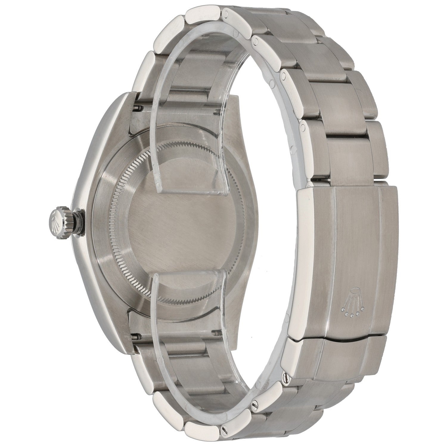 Rolex Oyster Perpetual 114300 stainless steel watch back with bracelet and crown at left
