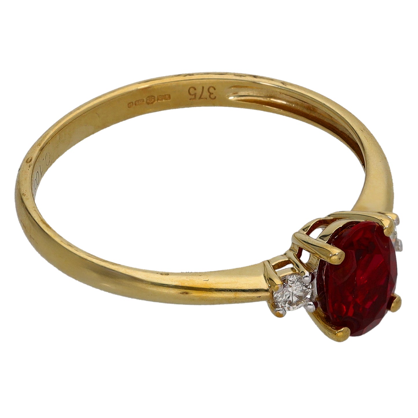 9ct Gold Man Made Ruby & 0.10ct Diamond Single Stone Ring With Accents Size R