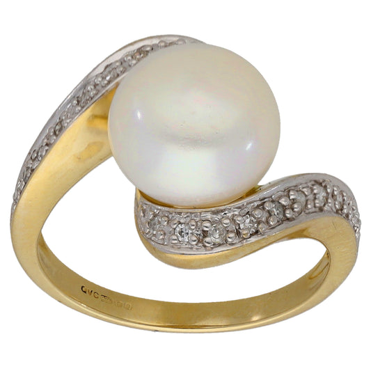 9ct Gold Cultured Pearl & 0.20ct Diamond Dress/Cocktail Ring Size M