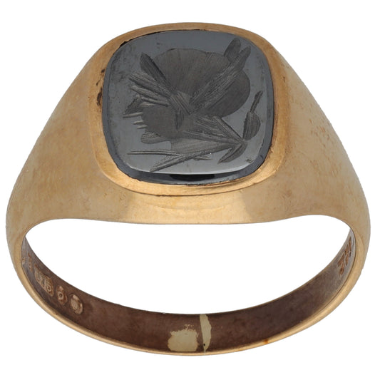 9ct Gold Hematite Crest/Emblem Single Stone Signet Ring Size U