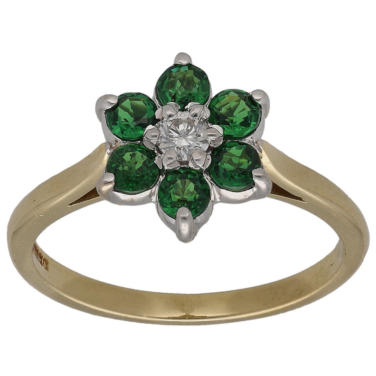 18ct gold ring with five round green gemstones and round diamond center cluster