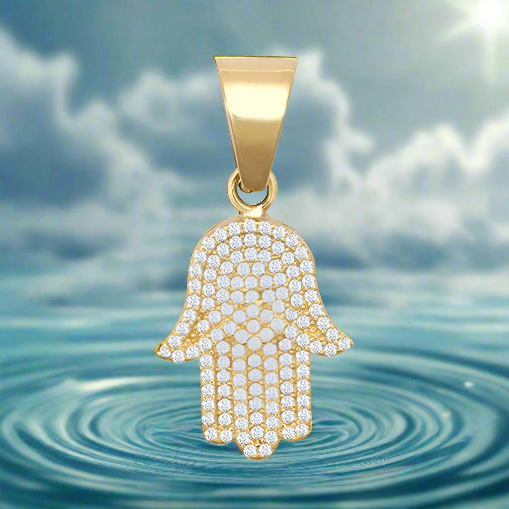 New 9ct Gold Cubic Zirconia Hamsa Pendant 30mm