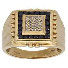 Load image into Gallery viewer, 9ct Gold Sapphire &amp; 0.045ct Diamond Patterned Signet Ring Size R
