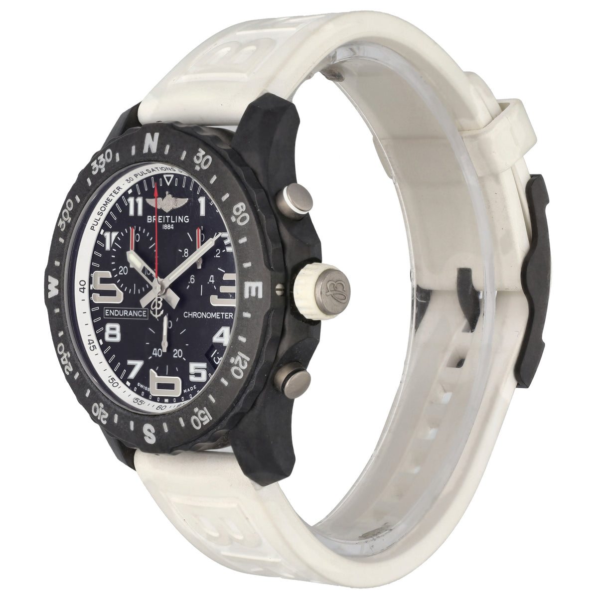 Breitling Endurance Pro X82310 sports watch side view with crown, black bezel, and white rubber strap