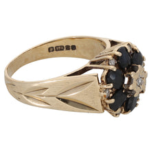 Load image into Gallery viewer, 9ct Gold Sapphire &amp; 0.04ct Diamond Cluster Ring Size N
