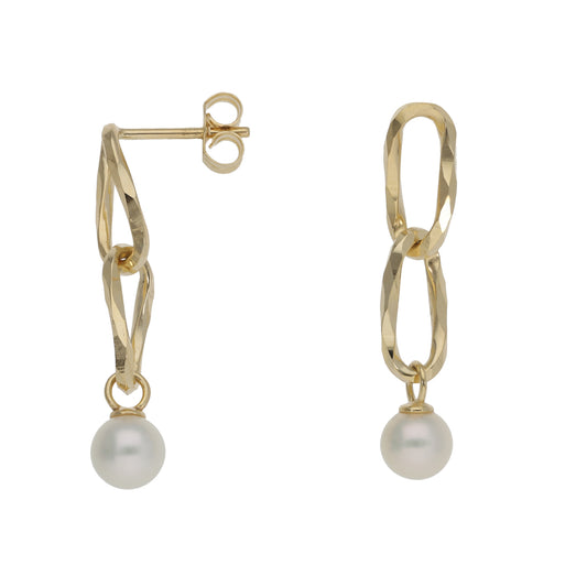 New 9ct Gold Double Link Pearl Drop Earrings