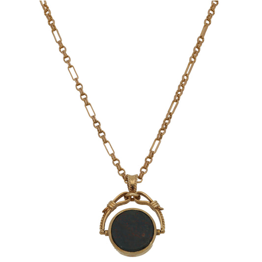 9ct Gold Onyx & Bloodstone Fob Pendant With Chain