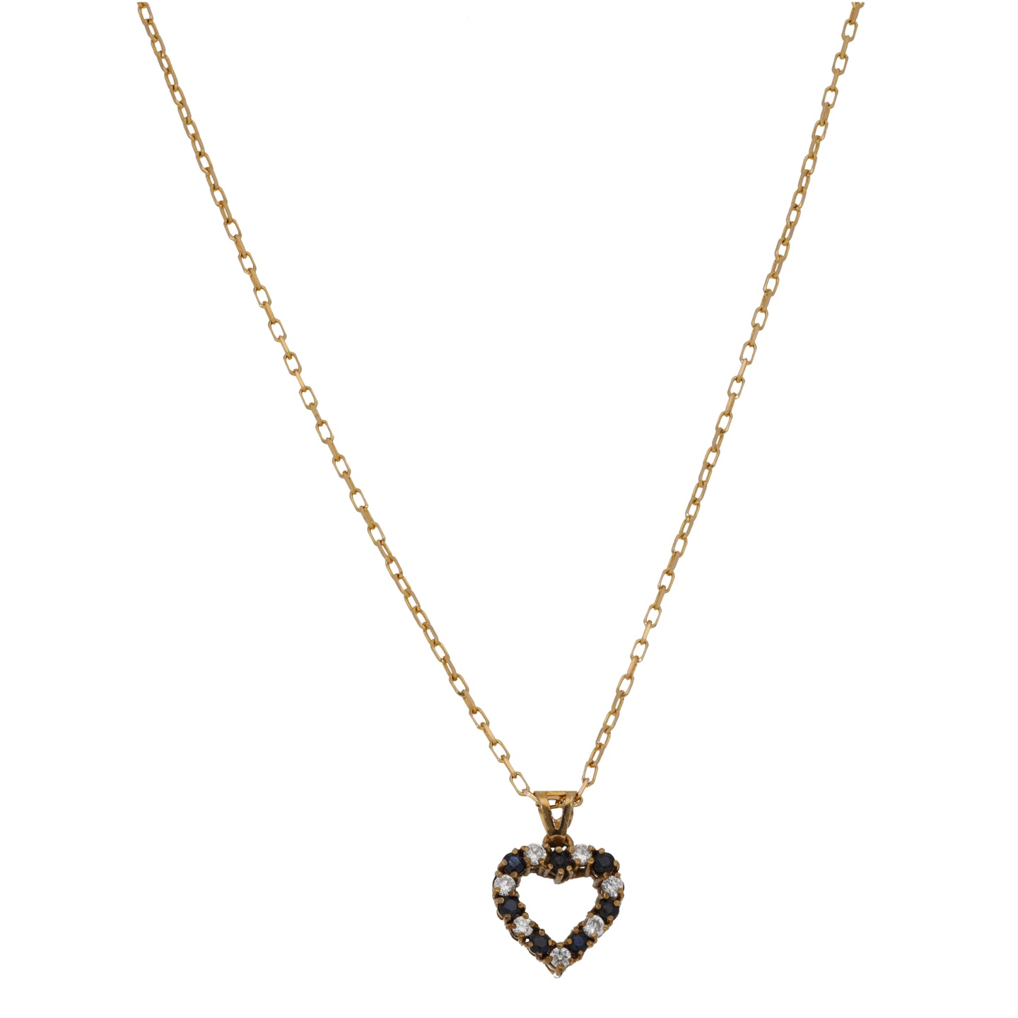 9ct Gold Sapphire & Cubic Zirconia Heart Pendant With Chain