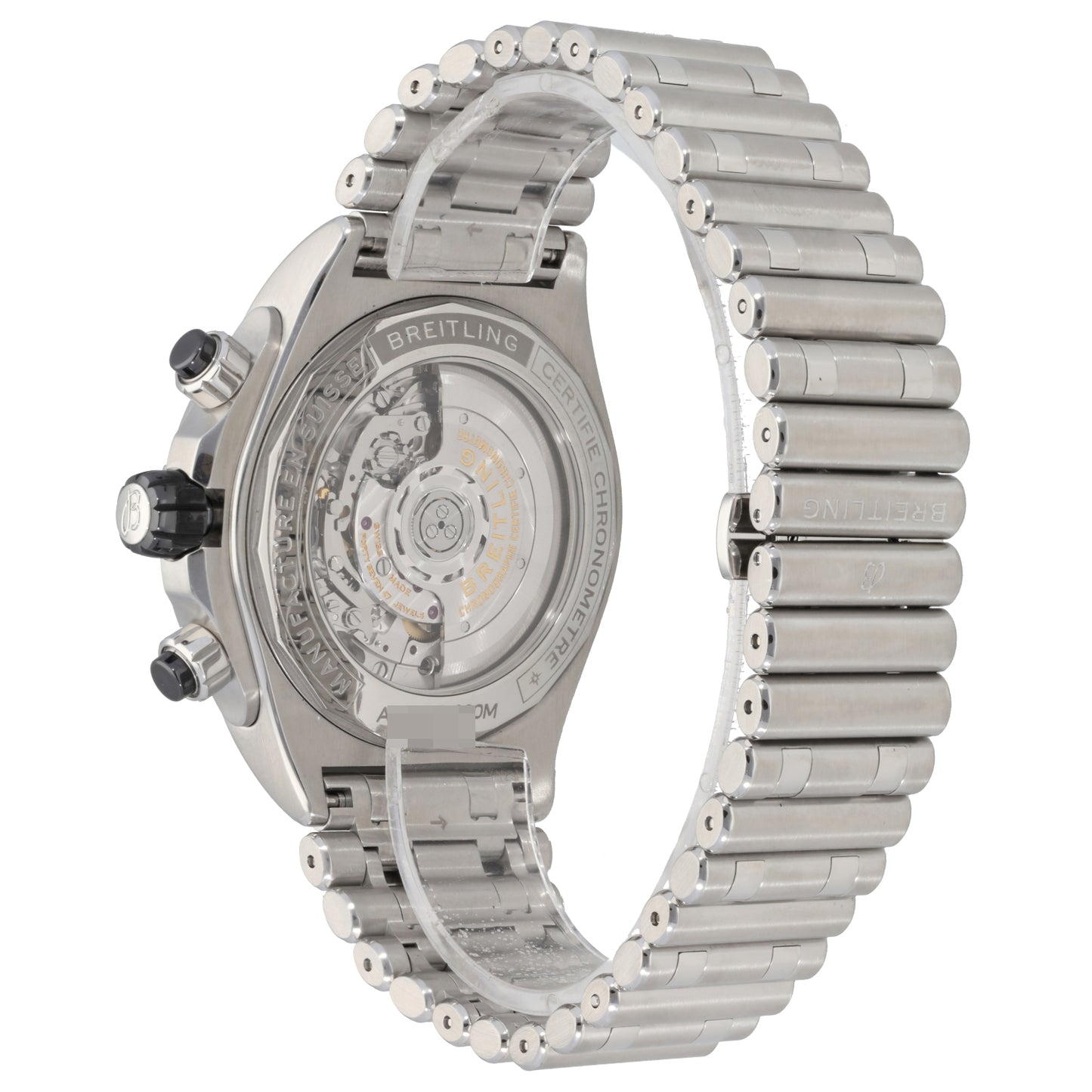 Breitling Super Chronomat AB0136 Stainless steel watch caseback with exposed movement and linked bracelet, dark dial not shown