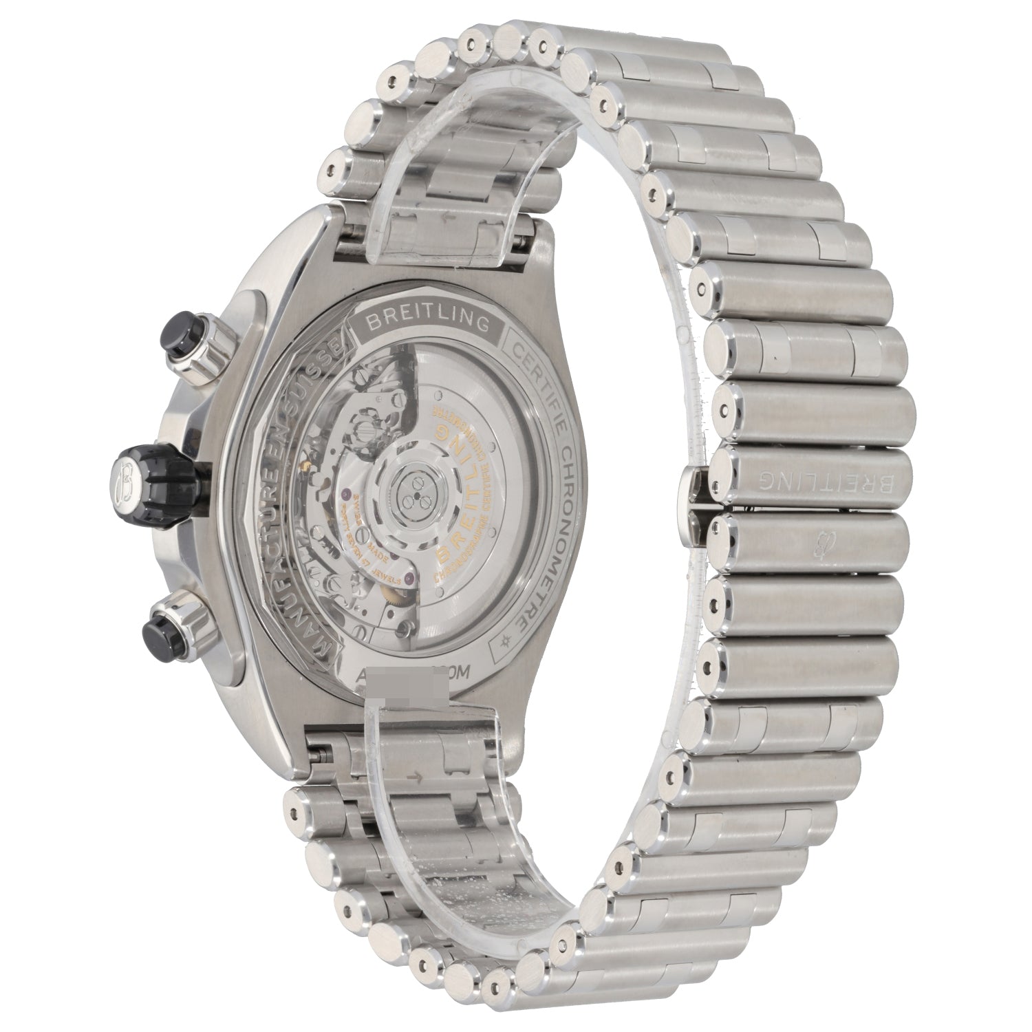 Breitling Super Chronomat AB0136 Stainless steel watch caseback with exposed movement and linked bracelet, dark dial not shown