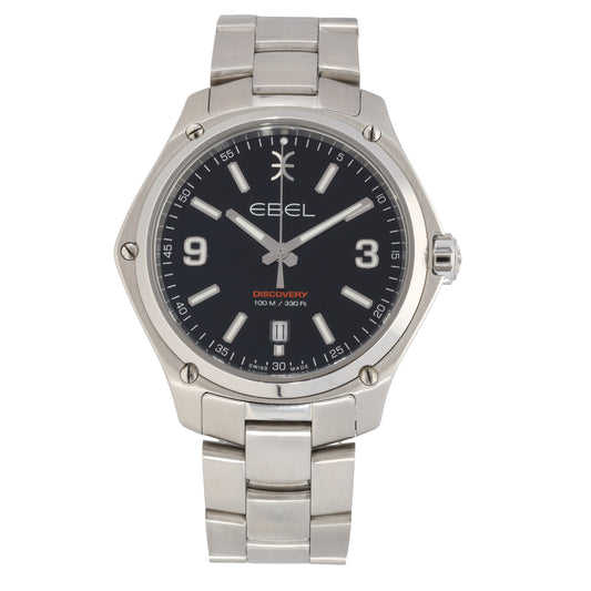 Ebel Discovery 04.1.14.1089 Stainless steel wristwatch with black dial, three-hand display, and metal bracelet