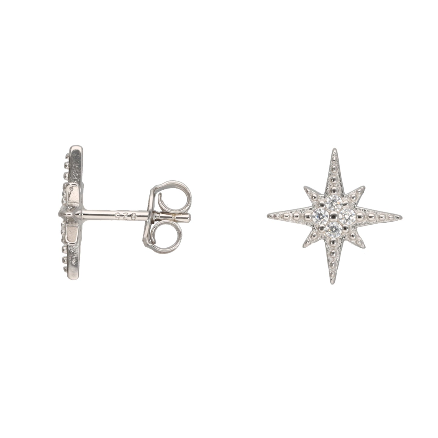 New Sterling Silver Cubic Zirconia Compass Star Stud Earrings