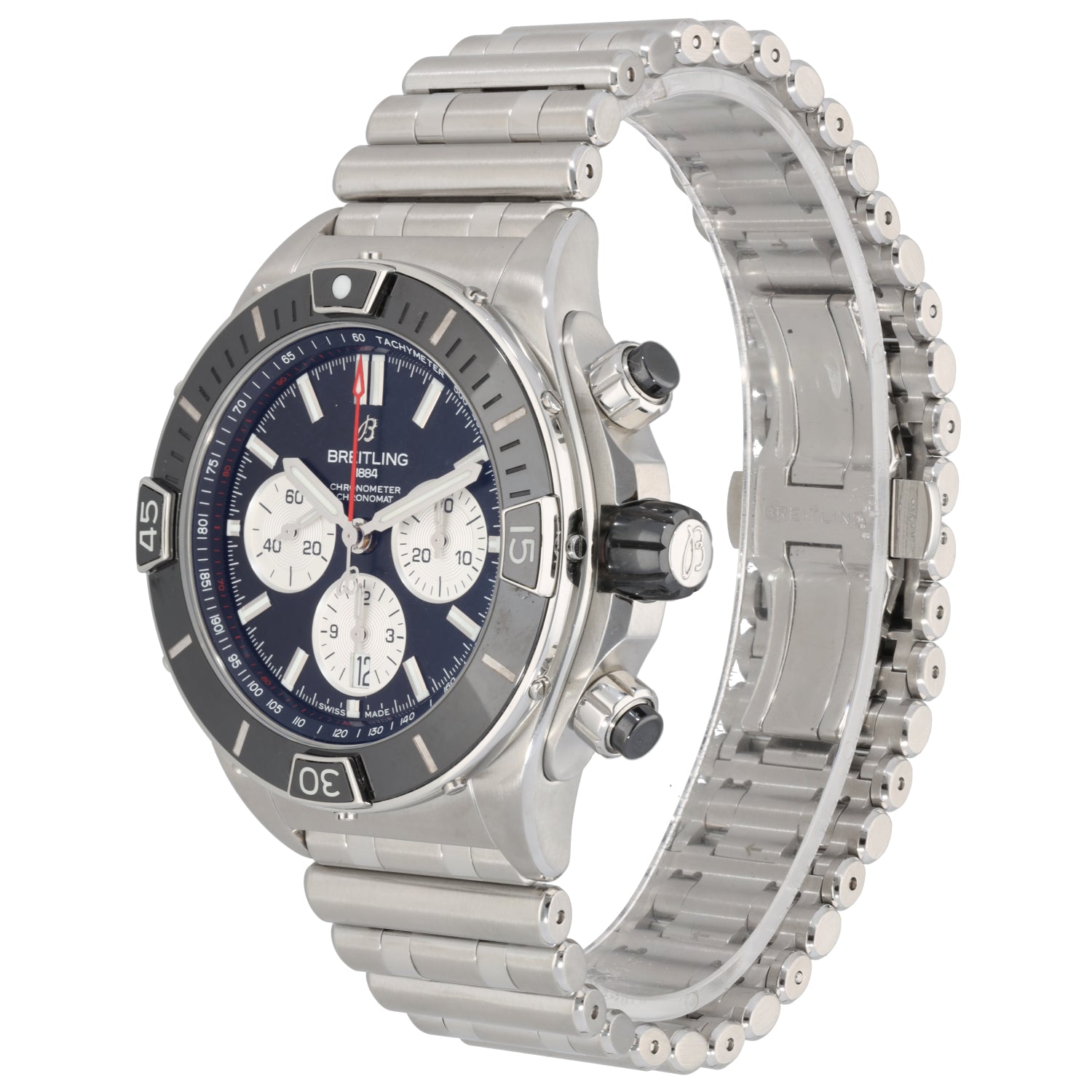 Breitling Super Chronomat AB0136 Stainless steel chronograph watch side profile with dark blue dial and screw-down pushers