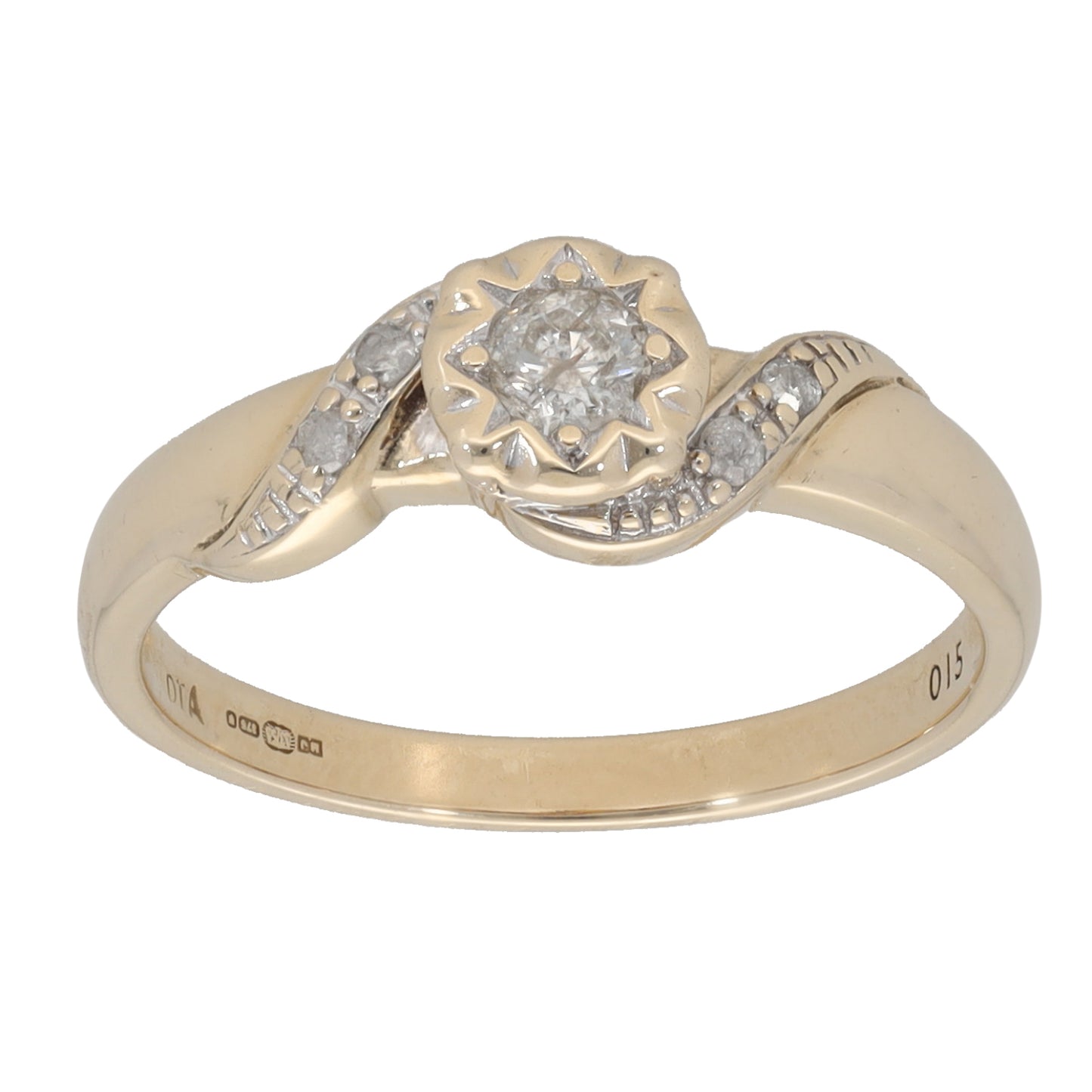 9ct Gold 0.15ct Diamond Solitaire Ring With Accent Stones Size K