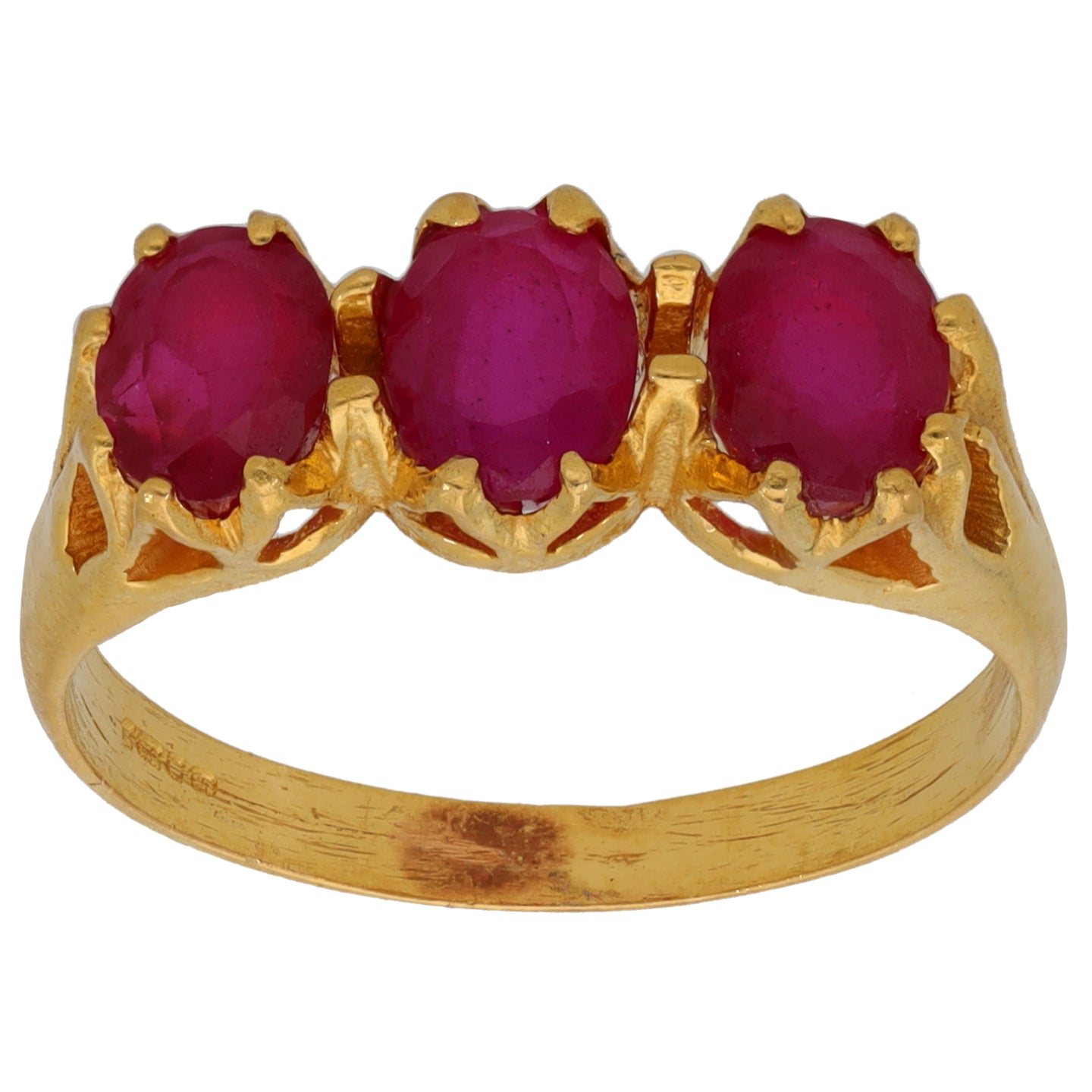 22ct Gold Glass Filled Ruby Trilogy Ring Size P