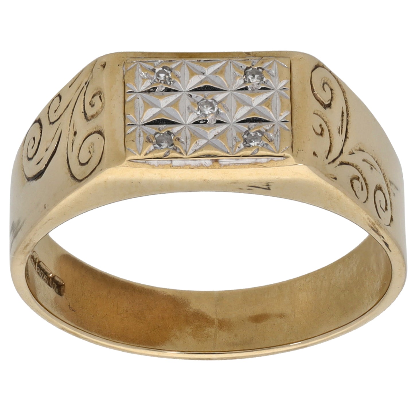 9ct Gold 0.05ct Diamond Patterned Signet Ring Size Q