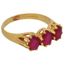 Load image into Gallery viewer, 22ct Gold Glass Filled Ruby Trilogy Ring Size P
