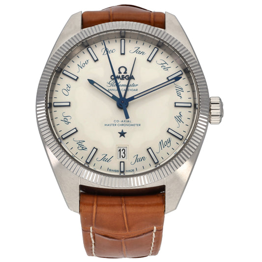 Omega Constellation Globemaster stainless watch with white dial, blue hands, brown leather strap